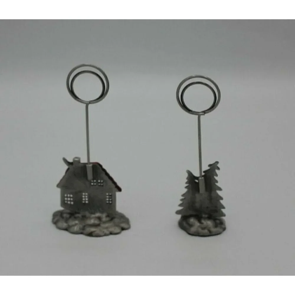 Christmas Place Card Holder Lot 2 Photo Tree House Cardinal Red Silver Tone